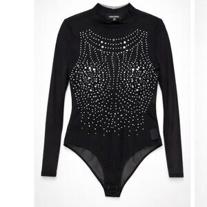Fashion Nova Rhinestone Mesh Bodysuit | Sheer Studded Long Sleeve Black